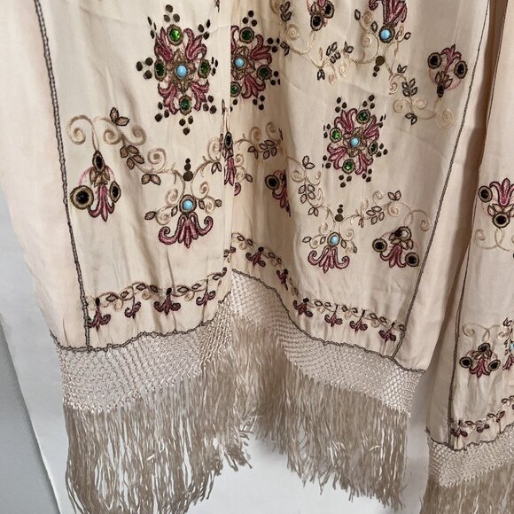 Vintage Silk Embroidered Beaded Scarf Shawl Stole Wrap Fringe Beige Soft 104x26” - Picture 12 of 16